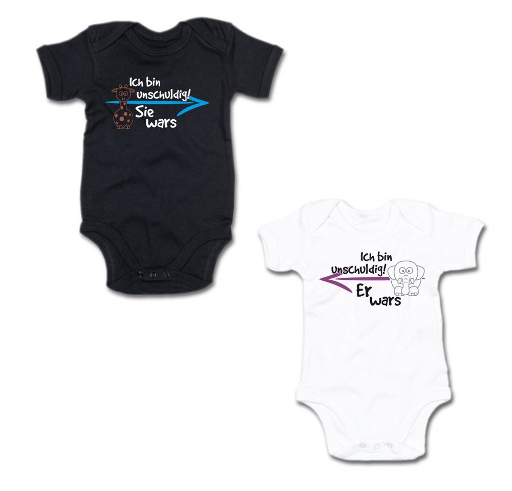 G-graphics Kurzarmbody Ich bin unschuldig! – Sie wars & Er wars (Zwillingsset / Twinset, 2-tlg., Baby-Body-Set) für Zwillinge / Twins mit Sprüchen von G-graphics