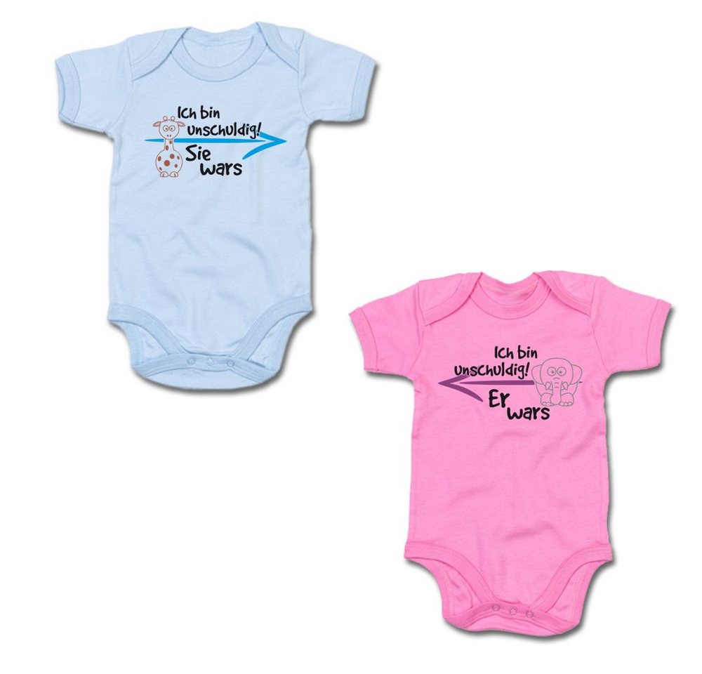 G-graphics Kurzarmbody Ich bin unschuldig! – Sie wars & Er wars (Zwillingsset / Twinset, 2-tlg., Baby-Body-Set) für Zwillinge / Twins mit Sprüchen von G-graphics