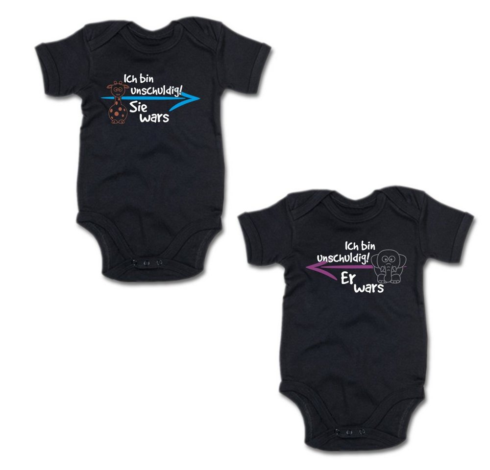 G-graphics Kurzarmbody Ich bin unschuldig! – Sie wars & Er wars (Zwillingsset / Twinset, 2-tlg., Baby-Body-Set) für Zwillinge / Twins mit Sprüchen von G-graphics