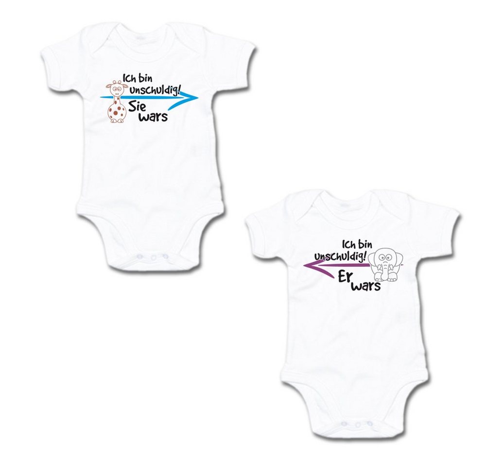 G-graphics Kurzarmbody Ich bin unschuldig! – Sie wars & Er wars (Zwillingsset / Twinset, 2-tlg., Baby-Body-Set) für Zwillinge / Twins mit Sprüchen von G-graphics