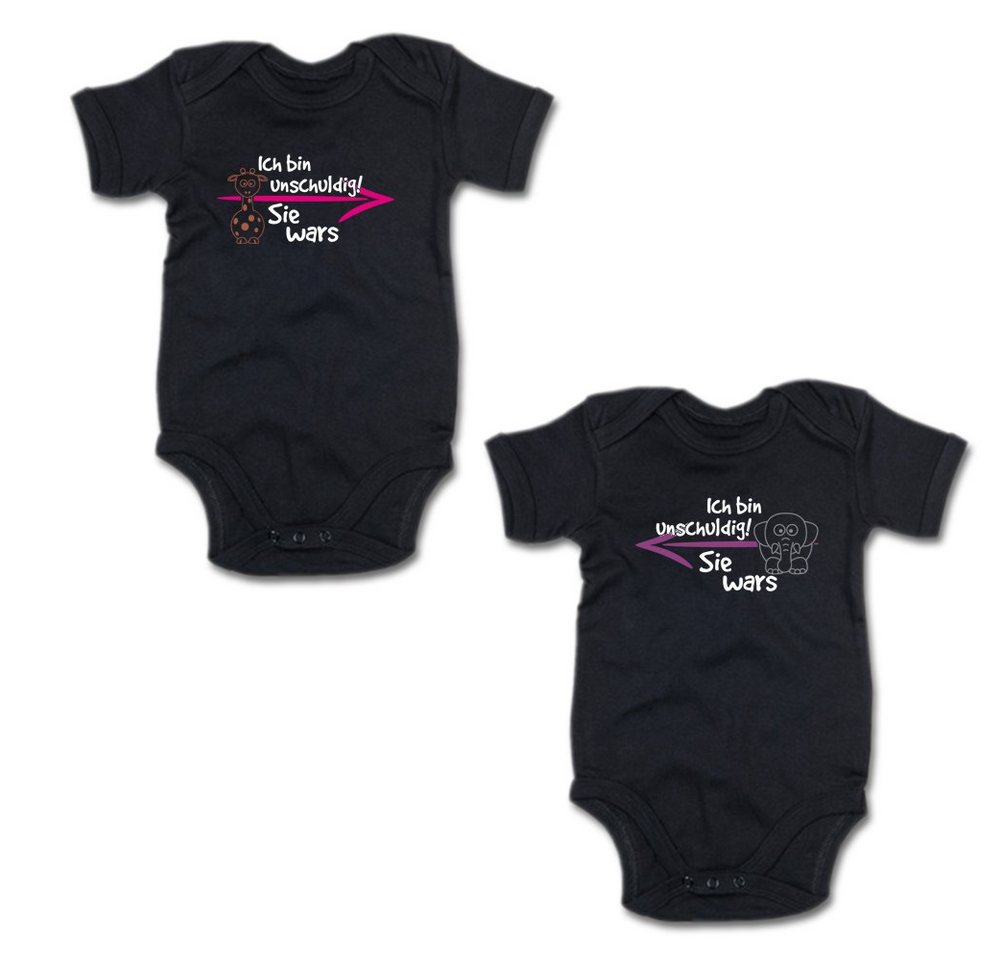 G-graphics Kurzarmbody Ich bin unschuldig! – Sie wars & Sie wars (Zwillingsset / Twinset, 2-tlg., Baby-Body-Set) für Zwillinge / Twins mit Sprüchen von G-graphics