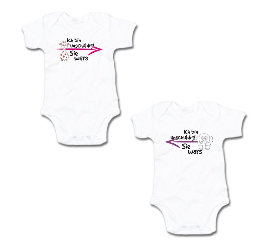 G-graphics Kurzarmbody Ich bin unschuldig! – Sie wars & Sie wars (Zwillingsset / Twinset, 2-tlg., Baby-Body-Set) für Zwillinge / Twins mit Sprüchen von G-graphics