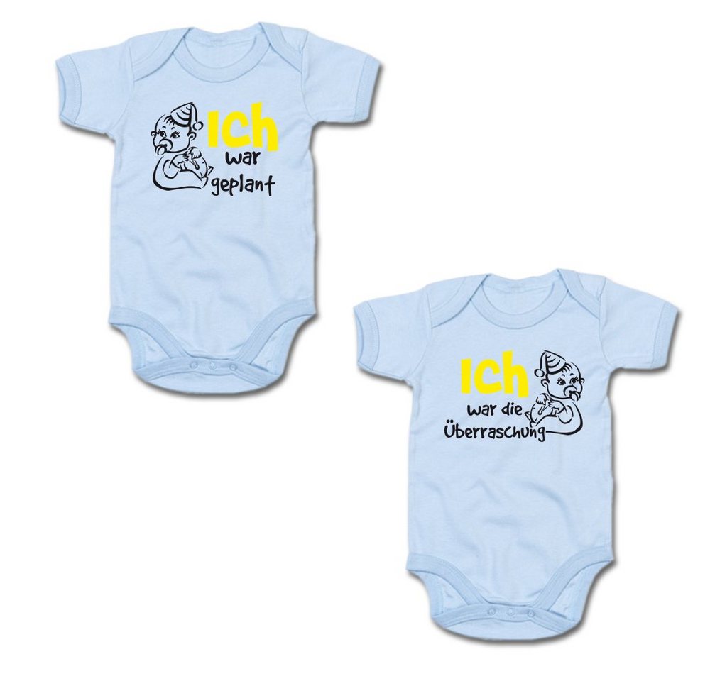 G-graphics Kurzarmbody Ich war geplant! & Ich war die Überraschung! (Zwillingsset / Twinset, 2-tlg., Baby-Body-Set) für Zwillinge / Twins mit Sprüchen von G-graphics