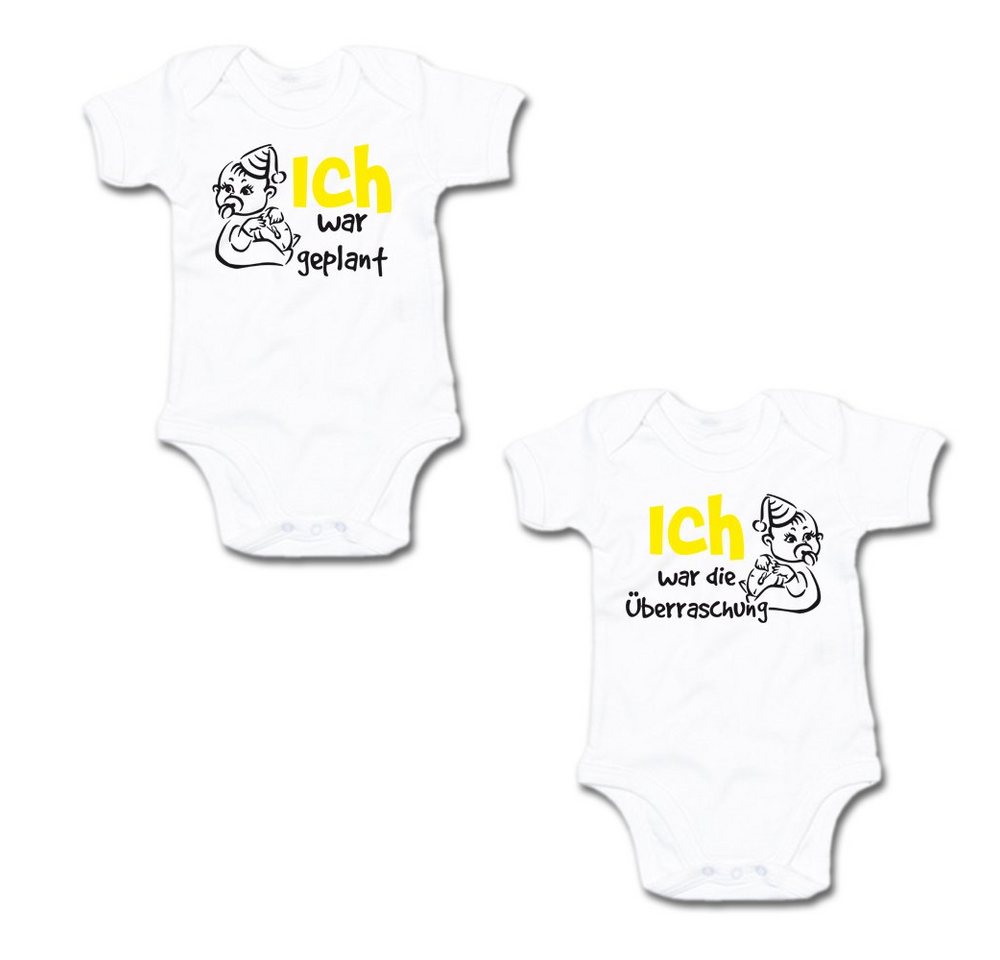 G-graphics Kurzarmbody Ich war geplant! & Ich war die Überraschung! (Zwillingsset / Twinset, 2-tlg., Baby-Body-Set) für Zwillinge / Twins mit Sprüchen von G-graphics