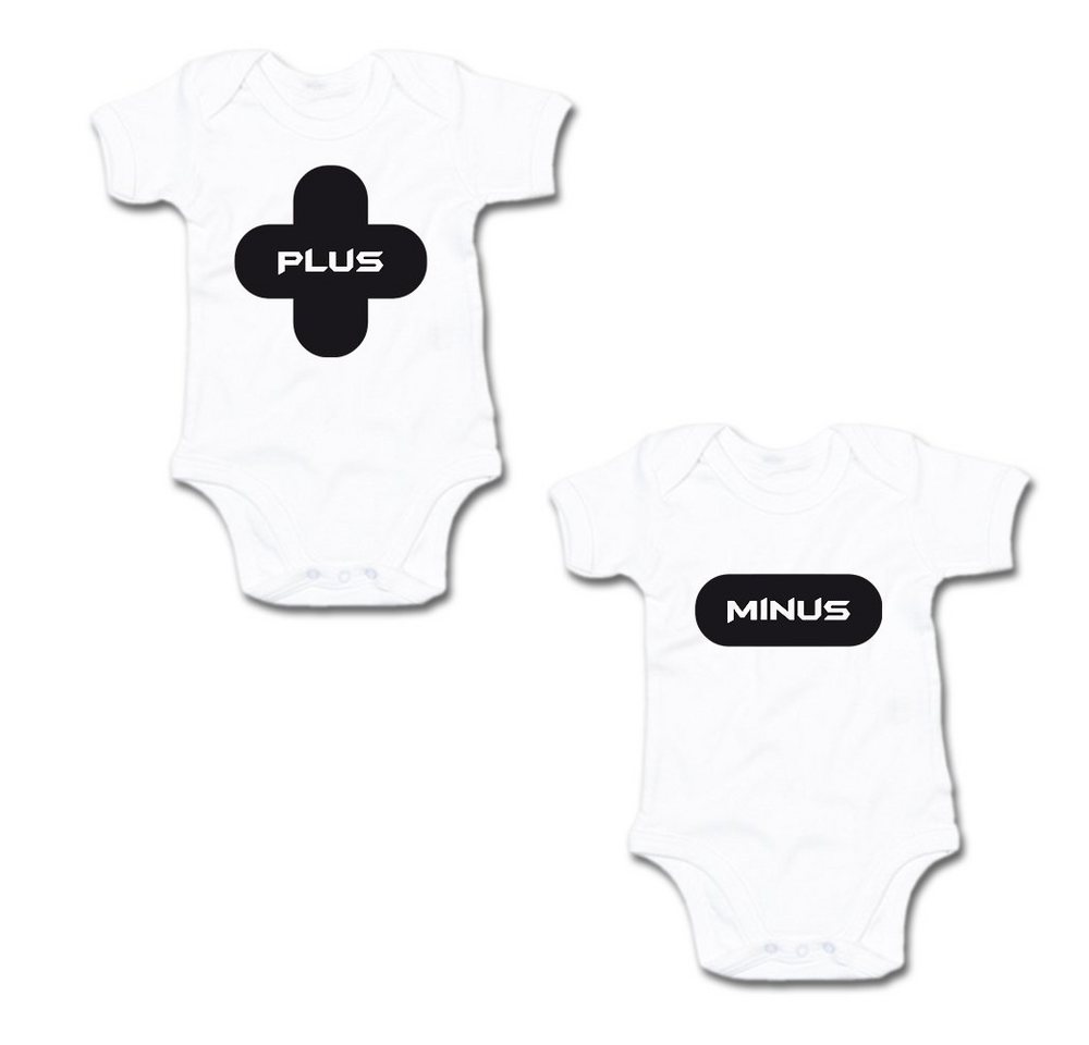 G-graphics Kurzarmbody Plus & Minus (Zwillingsset / Twinset, 2-tlg., Baby-Body-Set) für Zwillinge / Twins mit Sprüchen von G-graphics