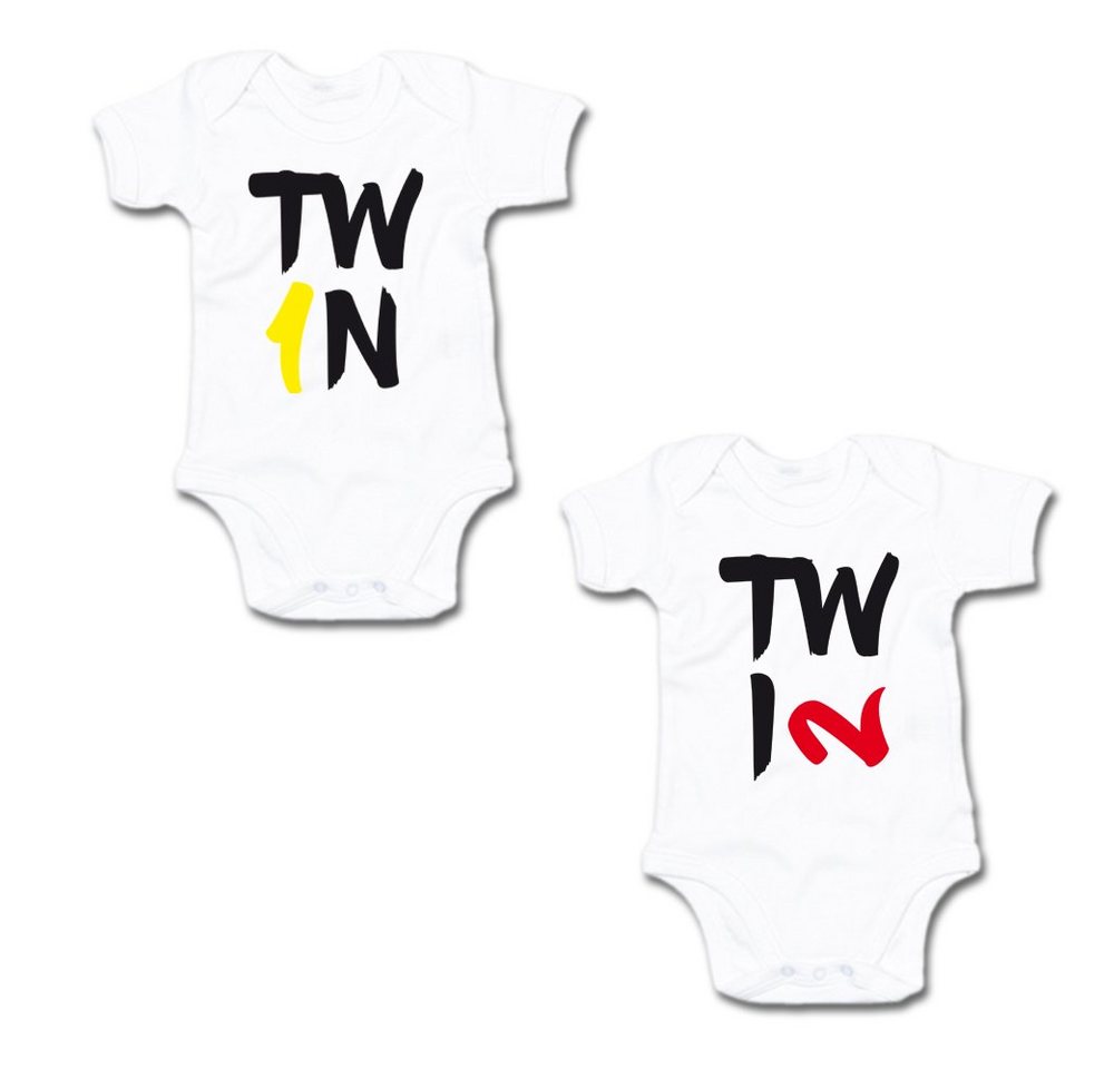 G-graphics Kurzarmbody Twin 1 & Twin 2 (Zwillingsset / Twinset, 2-tlg., Baby-Body-Set) für Zwillinge / Twins mit Sprüchen von G-graphics