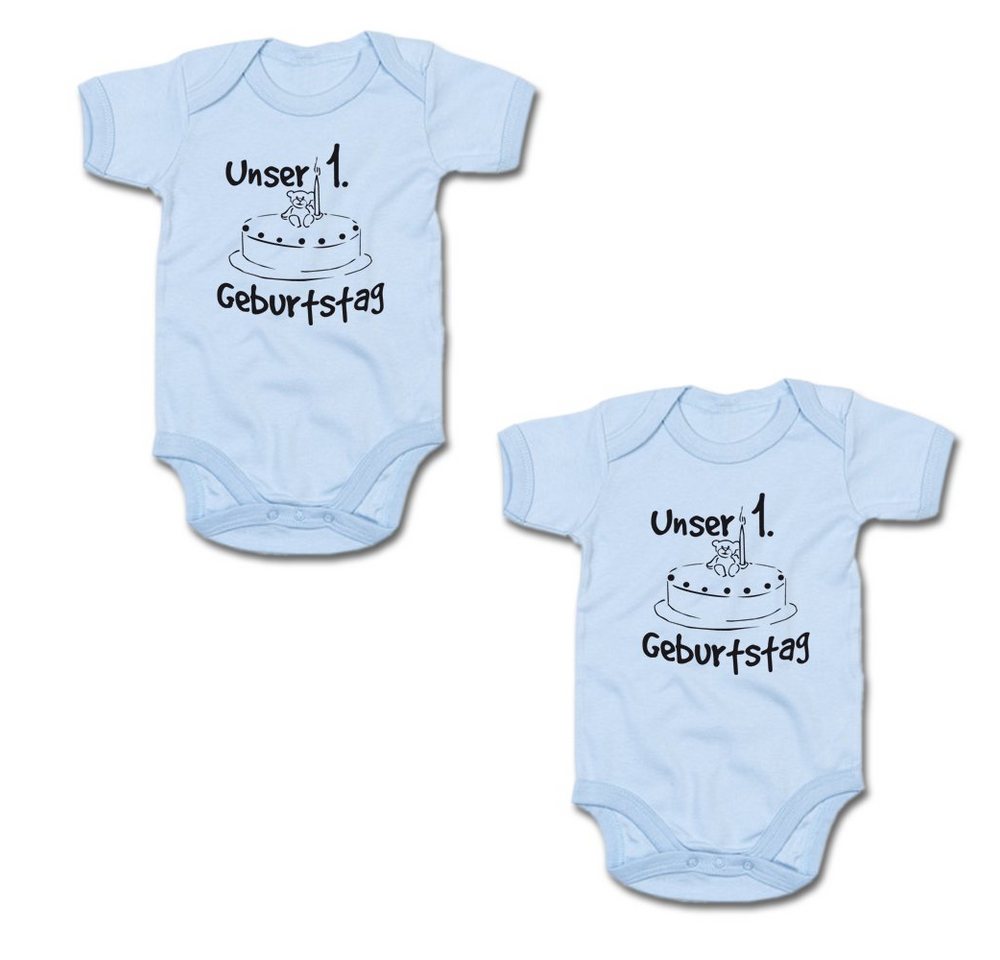 G-graphics Kurzarmbody Unser 1. Geburtstag (Zwillingsset / Twinset, 2-tlg., Baby-Body-Set) für Zwillinge / Twins mit Sprüchen von G-graphics
