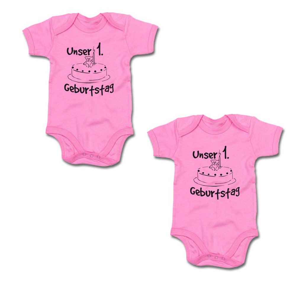 G-graphics Kurzarmbody Unser 1. Geburtstag (Zwillingsset / Twinset, 2-tlg., Baby-Body-Set) für Zwillinge / Twins mit Sprüchen von G-graphics