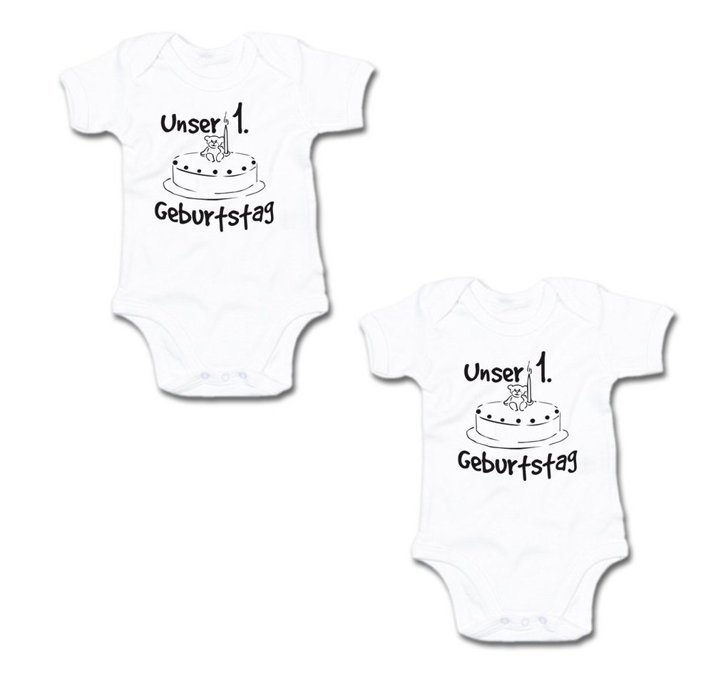 G-graphics Kurzarmbody Unser 1. Geburtstag (Zwillingsset / Twinset, 2-tlg., Baby-Body-Set) für Zwillinge / Twins mit Sprüchen von G-graphics