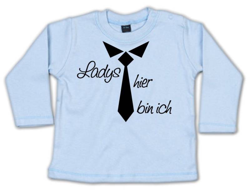 G-graphics Longsleeve Ladys – hier bin ich Baby Sweater / Longsleeve T mit Spruch zur Geburt / Babyparty von G-graphics