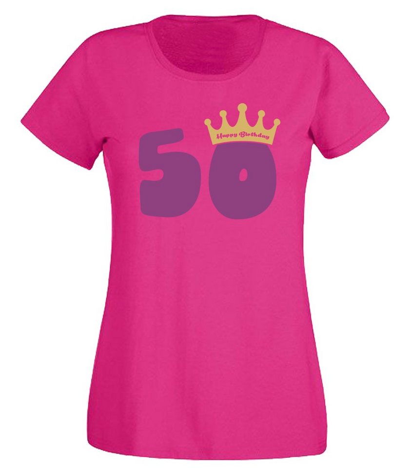 G-graphics T-Shirt Damen T-Shirt - 50 – Happy Birtday – mit Krone zum 50. Geburtstag, mit trendigem Frontprint, Slim-fit, Aufdruck auf der Vorderseite, Spruch/Sprüche/Print/Motiv von G-graphics