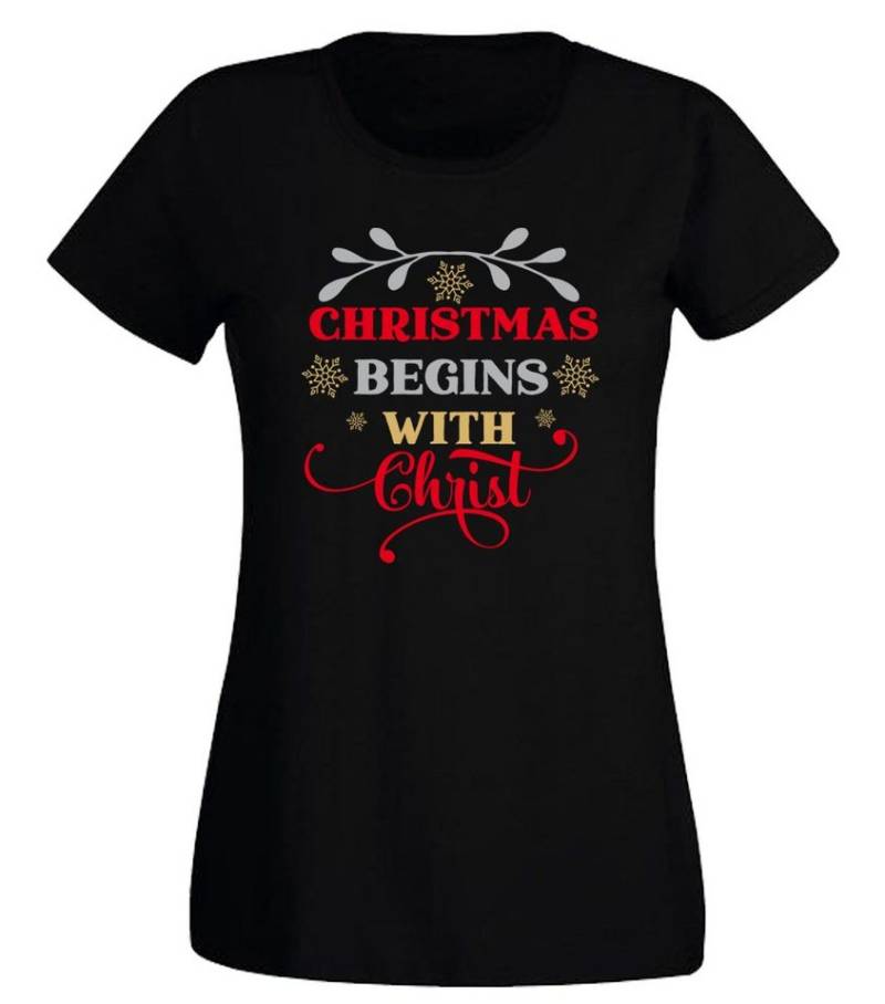 G-graphics T-Shirt Christmas begins with christ Slim-fit- Damen T-Shirt mit Weihnachtsmotiv von G-graphics