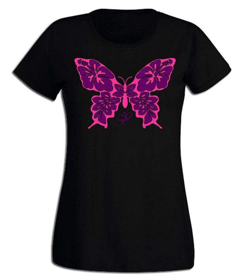 G-graphics T-Shirt Damen T-Shirt - Hibiskus-Schmetterling Pink-Purple-Collection, mit trendigem Frontprint, Slim-fit, Aufdruck auf der Vorderseite, Print/Motiv, für jung & alt von G-graphics