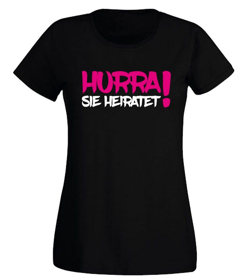 G-graphics T-Shirt Damen T-Shirt - Hurra – Sie heiratet! JGA-Shirt, Junggesellinnen-Abschied, Poltershirts, mit Frontprint / Aufdruck auf der Vorderseite, Bachelorette, Slim-fit, für Begleiterin / Begleitung von G-graphics