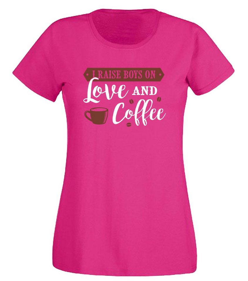 G-graphics T-Shirt Damen T-Shirt - I raise boys on love and coffee mit trendigem Frontprint, Slim-fit, Aufdruck auf der Vorderseite, Spruch/Sprüche/Print/Motiv, für jung & alt von G-graphics