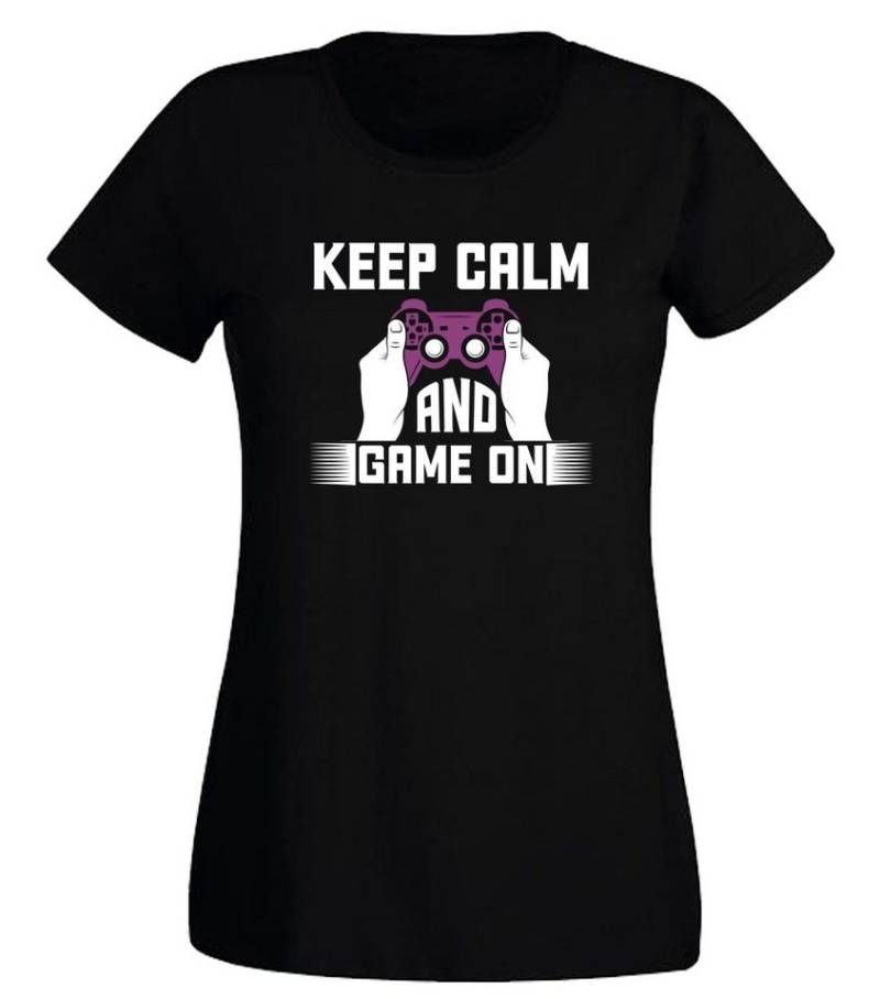 G-graphics T-Shirt Keep Calm and game on Slim-fit- Damen T-Shirt mit Frontprint-Statement für Gamerinnen von G-graphics