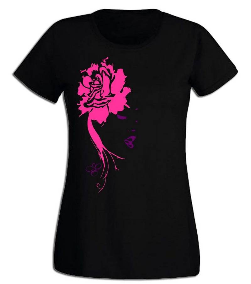 G-graphics T-Shirt Ladyface mit Blumenhaar Slim-fit Damen T-Shirt aus unserer Pink-Purple-Collection von G-graphics