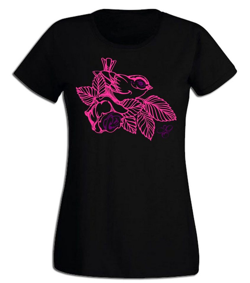 G-graphics T-Shirt Spatz mit Rose Slim-fit Damen T-Shirt aus unserer Pink-Purple-Collection von G-graphics