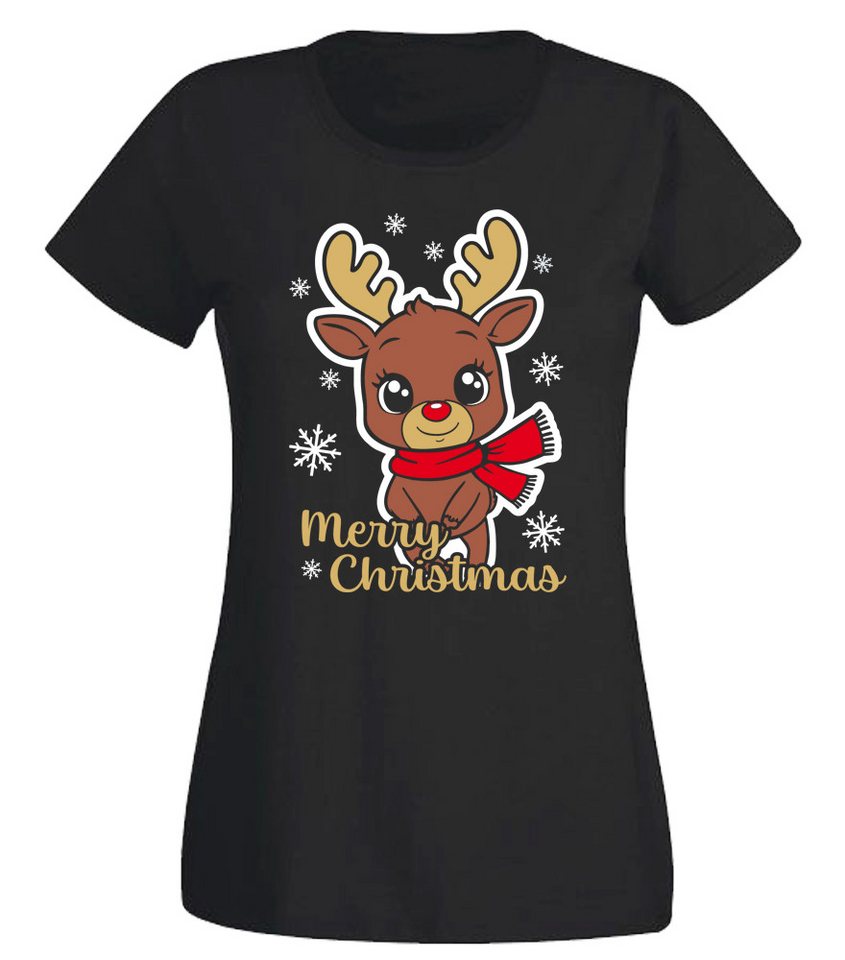 G-graphics T-Shirt Merry Christmas – Rentier mit Kulleraugen & Schal Slim-fit Damen T-Shirt mit schönem Winter- & Weihnachtsmotiv von G-graphics