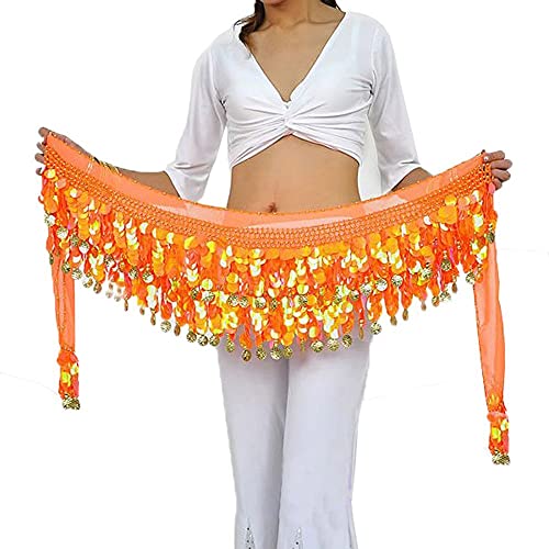 G-LIKE Bauchtanz Hüfttuch Taillenkette Gürtel – Professionelles Tanzkostüm Sexy Tanzkleid Rock Outfit Zubehör mit 88 Münzen Pailletten Hüftschal für Damen Mädchen Doppellagig – 160 cm (Orange) von G-LIKE