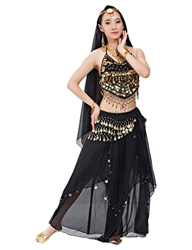 G-LIKE BellyQueen Tanz Kostüm Bauchtanz Kleid - Orientalischer Tanz Arabisch Sexy Professionelle Farbenreiche Kleidung Set Outfit für Tänzerin Damen - Chiffon - 5 Stück (Schwarz) von G-LIKE