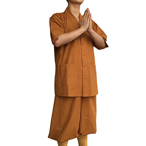 G-LIKE Buddisten Mönche Laien Kostüm - Chinesische Traditionelle Buddhistische Taoistische Kleidung Kampfkunst Shaolin Kung Fu Wushu Kurzärmelige Robe Stehkragen Uniform Sommer Anzug (Gelb, M) von G-LIKE