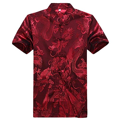 G-LIKE Chinesische Kleidung Drachen Jacke - Traditionelle Tangzhuang Kostüme Kampfkunst Kung Fu Tai Chi Qigong Kurze Ärmel Stehkragen Uniform für Männer Frauen (Rot, XL) von G-LIKE