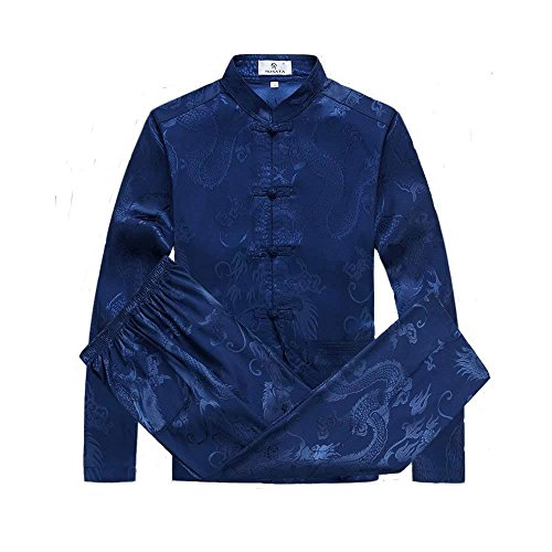 G-LIKE Chinesische Kleidung Tang Anzug - Traditionelle Klassische Kostüme Kampfkunst Kung Fu Tai Chi Qigong Lange Ärmel Drachen Muster Performance Uniform für Männer Frauen (Blau, S) von G-LIKE