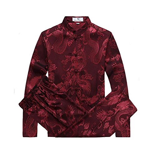 G-LIKE Chinesische Kleidung Tang Anzug - Traditionelle Klassische Kostüme Kampfkunst Kung Fu Tai Chi Qigong Lange Ärmel Drachen Muster Performance Uniform für Männer Frauen (Rot, XL) von G-LIKE