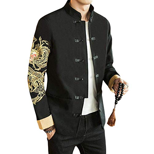 G-LIKE Chinesische Tangzhuang Herren Jacke - Traditionell Retro Kostüm Mantel Lange Ärmel Stehkragen Drachen Peking Oper Masken Stickerei Schwarz Frühling Herbst Kleidung (Ärmel Drachen, M) von G-LIKE