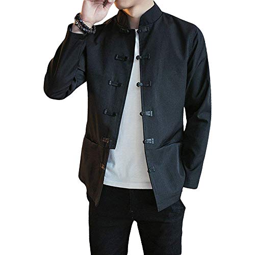 G-LIKE Chinesische Tangzhuang Herren Jacke - Traditionell Retro Kostüm Mantel Lange Ärmel Stehkragen Drachen Peking Oper Masken Stickerei Schwarz Frühling Herbst Kleidung (Schwarz, L) von G-LIKE