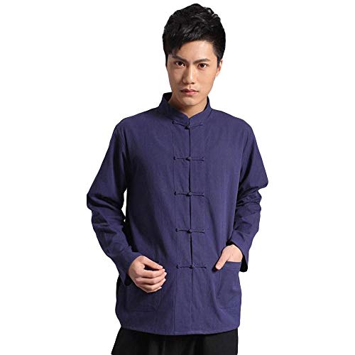 G-LIKE Chinesisches Herren Hemd Shirt - Traditionelle Kampfkunst Kung Fu Tai Chi Wushu Klassisch Tangzhuang Stil Langärmelig Jacke Training Uniform Frühling Herbst Freizeit Kleidung (Marineblau, L) von G-LIKE