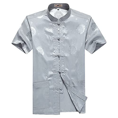 G-LIKE Chinesisches Sommer Hemd Tang-Stil - Traditionelle Herren Damen Kleidung Tangzhuang Kostüm Freizeithemd Shirt Kampfkunst Kung Fu Tai Chi Trainingskleidung Kurze Ärmel Uniform (Grau, XXL) von G-LIKE