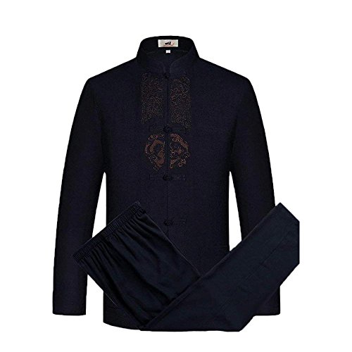 G-LIKE Herren Kung Fu Anzug - Traditionelle Chinesische Tangzhuang Kleidung Kampfkunst Tai Chi Wushu Wing Chun Lange Ärmel Jacke und Hose Orientalische Muster Stoffdruck Uniform (Blau, M) von G-LIKE