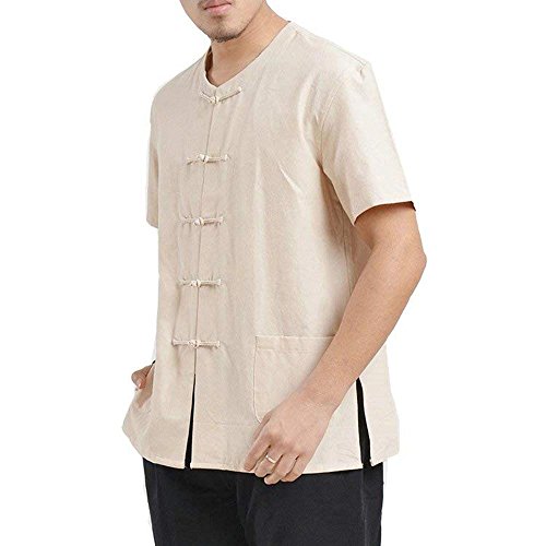 G-LIKE Herren Kung Fu Hemd - Traditionelle Chinesische Kleidung Handarbeit Tangzhuang Stil Jacke Kampfkunst Tai Chi Wing Chun Kurze Ärmel Ohne Kragen Uniform für Männer Frauen (Beige, XXL) von G-LIKE