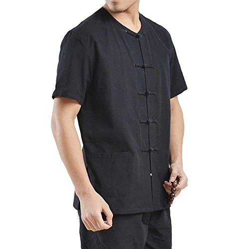 G-LIKE Herren Kung Fu Hemd - Traditionelle Chinesische Kleidung Handarbeit Tangzhuang Stil Jacke Kampfkunst Tai Chi Wing Chun Kurze Ärmel Ohne Kragen Uniform für Männer Frauen (Schwarz, XL) von G-LIKE