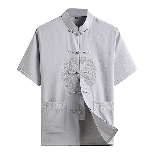 G-LIKE Herren Kurzarm Hemd Freizeithemd – Chinesische Kleidung Sommer Shirt Kampfkunst Kung Fu Tai Chi Bestickte Kurzärmelige Tops für Männer (as3, Alpha, l, x_l, Regular, Regular, Grau) von G-LIKE