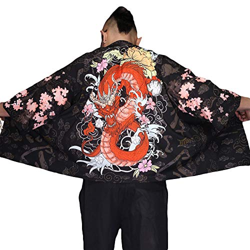 G-LIKE Herren Sommer Kimono Cardigan – Traditionelle Japanische Kleidung Haori Kostüm Taoistische Robe Langarm Jacke Chinesischer Stil Umhang Nachthemd Bademantel Nachtwäsche für Männer (Drache) von G-LIKE