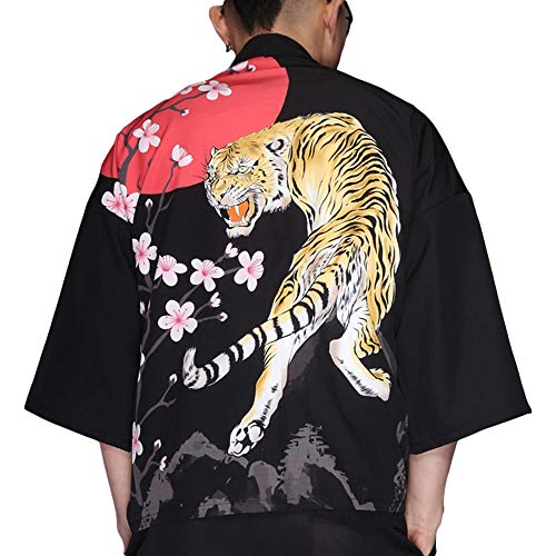 G-LIKE Herren Sommer Kimono Cardigan – Traditionelle Japanische Kleidung Haori Kostüm Taoistische Robe Langarm Jacke Chinesischer Stil Umhang Nachthemd Bademantel Nachtwäsche für Männer (Tiger) von G-LIKE