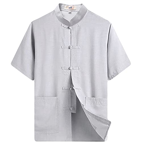 G-LIKE Herren Sommer Kleidung Hemd – Traditioneller Chinesischer Tang Stil Shirt Kampfkunst Kung Fu Tai Chi Trainingskleidung Freizeithemd Bestickte Kurzärmelige Tops für Männer (Grau, M) von G-LIKE