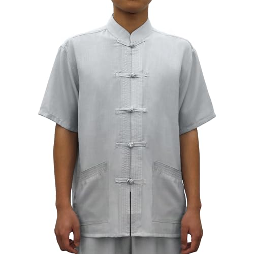 G-LIKE Herren Sommer Kleidung Hemd – Traditioneller Chinesischer Tang Stil Shirt Kampfkunst Kung Fu Tai Chi Trainingskleidung Freizeithemd Bestickte Kurzärmelige Tops für Männer (Grau, S) von G-LIKE