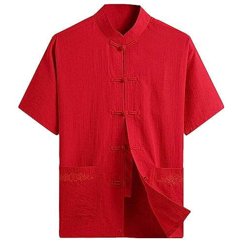 G-LIKE Herren Sommer Kleidung Hemd – Traditioneller Chinesischer Tang Stil Shirt Kampfkunst Kung Fu Tai Chi Trainingskleidung Freizeithemd Bestickte Kurzärmelige Tops für Männer (Rot, L) von G-LIKE