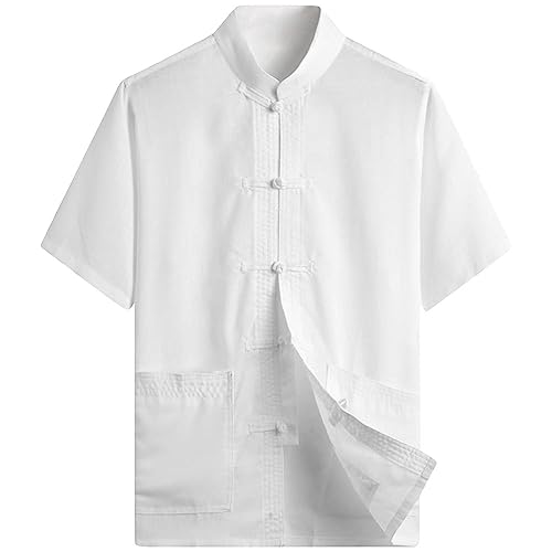 G-LIKE Herren Sommer Kleidung Hemd – Traditioneller Chinesischer Tang Stil Shirt Kampfkunst Kung Fu Tai Chi Trainingskleidung Freizeithemd Bestickte Kurzärmelige Tops für Männer (Weiß, L) von G-LIKE