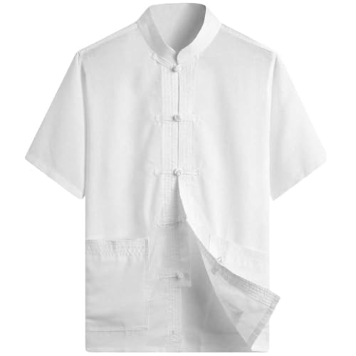 G-LIKE Herren Sommer Kleidung Hemd – Traditioneller Chinesischer Tang Stil Shirt Kampfkunst Kung Fu Tai Chi Trainingskleidung Freizeithemd Bestickte Kurzärmelige Tops für Männer (Weiß, M) von G-LIKE