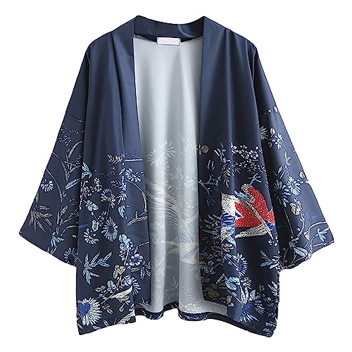 Japanische Kimono Jacke Robe - Traditionelle Klassische Haori Kleidung Tokio Harajuku Antike Stile Floral Geblümte Lockere Jacke Robe Kostüm Bademantel Nachtwäsche für Frauen Männer Mädchen (Blau) von G-LIKE