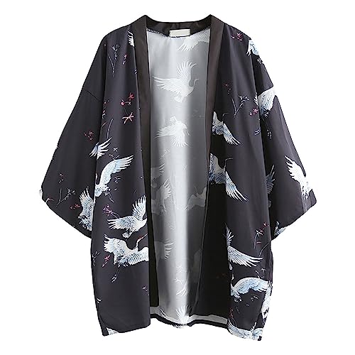 Japanische Kimono Jacke Robe - Traditionelle Klassische Haori Kleidung Tokio Harajuku Antike Stile Floral Geblümte Lockere Jacke Robe Kostüm Bademantel Nachtwäsche für Frauen Männer Mädchen (Schwarz) von G-LIKE