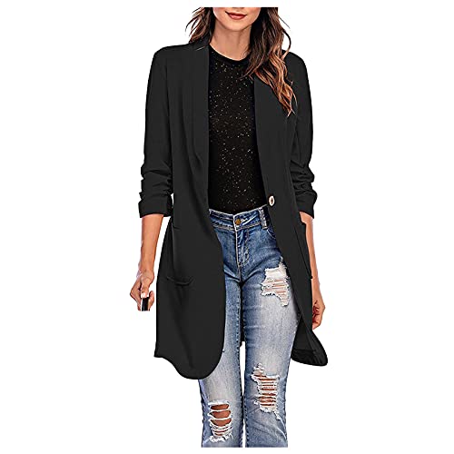 Blazer Damen Elegant Einfarbig 3/4-Arm Sakko Lang Business Outfit Slim Fit Revers Jacke Mantel Herbst Strickjacke Blazer mit Taschen Gehrock Knopfleiste Cardigan (Schwarz, L) von G-real