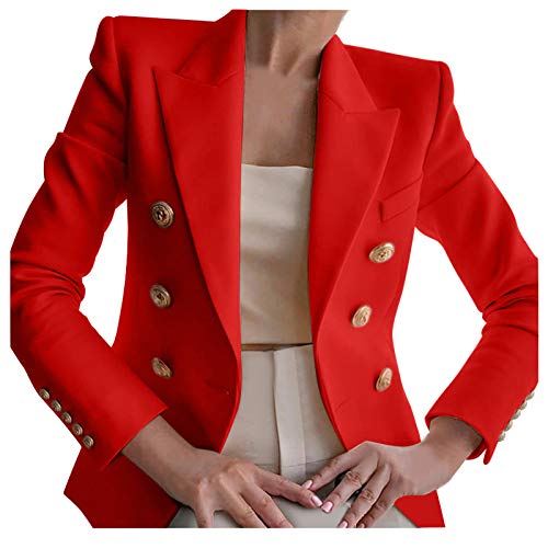 G-real Damen Blazer Elegante Langarm Sakko Slim Fit Knopf Schließen Taschen Tailliert Geschäft Büro Business Kurzjacke Jacke Mantel Anzugjacke Jersey Jäckchen (rot, L) von G-real