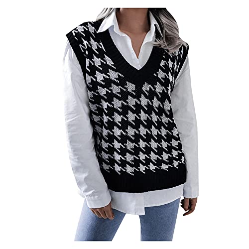G-real Damen Pullover Sweatshirts Pullunder Strickwesten Strickpullover Weste Hahnentritt Karierte Strickweste Ärmellose V AusschnittLose Tank Tops (Schwarz, M) von G-real