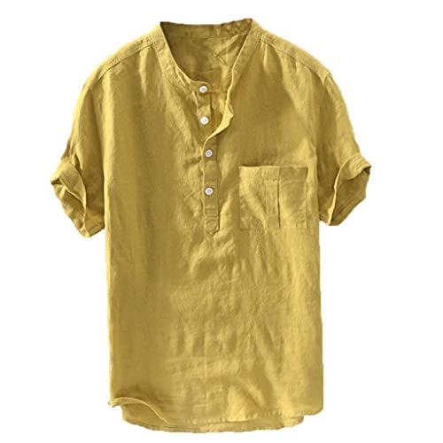 Oversize Leinenhemd Herren Kurzarm Henley Shirt Männer Freizeithemd Sommer Leichte Atmungsaktives Bequem Lose Shirt mit Brusttasche von G-real